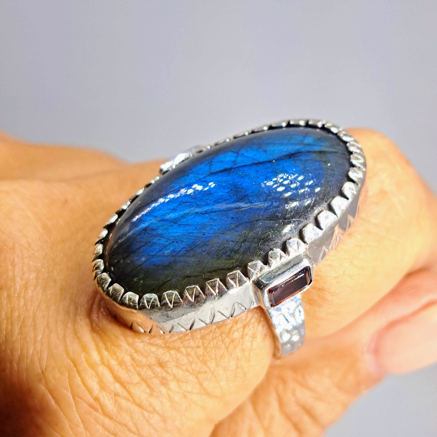 "Buena Suerte'" Sz 9 Ring - Labradorite, Garnet, Hand-forged Sterling