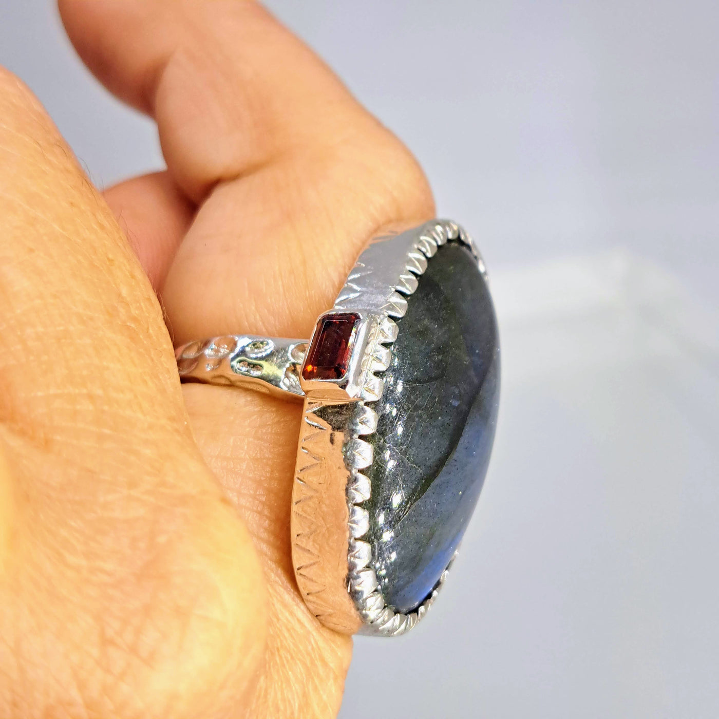 "Buena Suerte'" Sz 9 Ring - Labradorite, Garnet, Hand-forged Sterling