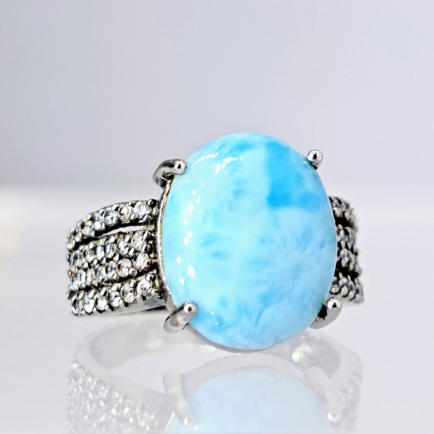 "Night Swim" Size 8.25 Ring - Larimar, White Zircon, Black Sterling