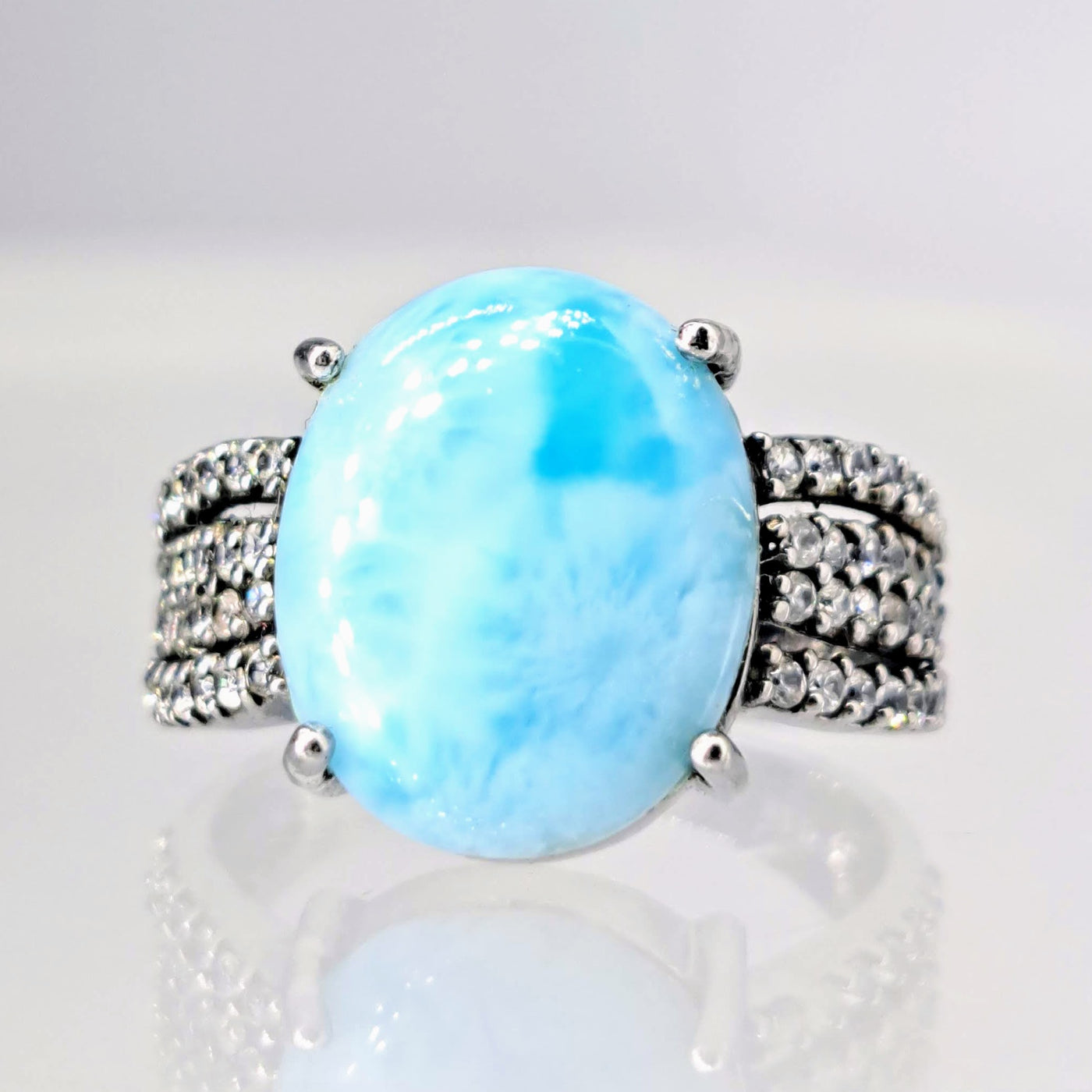 "Night Swim" Size 8.25 Ring - Larimar, White Zircon, Black Sterling