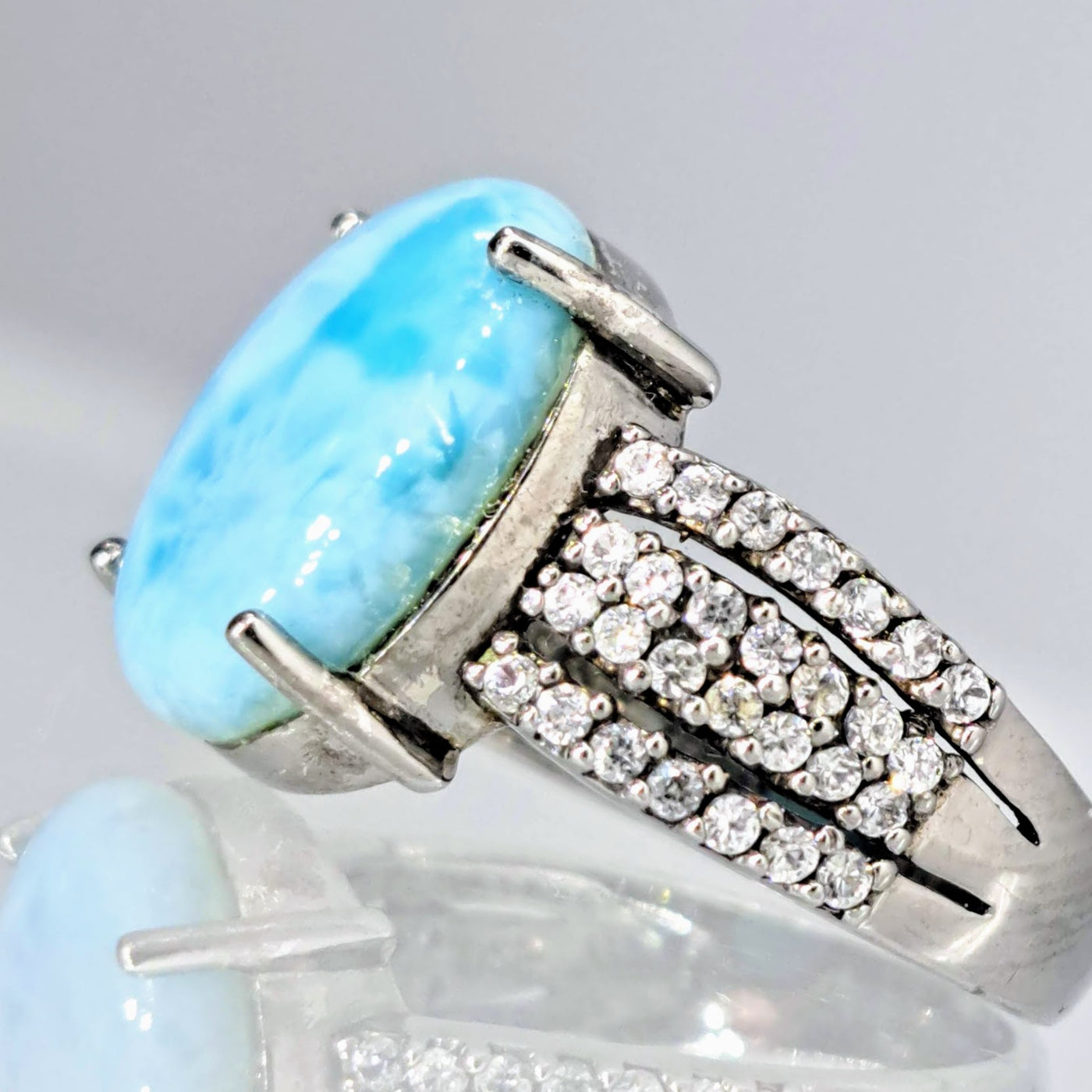 "Night Swim" Size 8.25 Ring - Larimar, White Zircon, Black Sterling