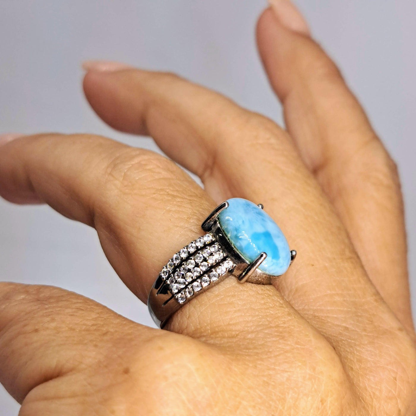 "Night Swim" Size 8.25 Ring - Larimar, White Zircon, Black Sterling