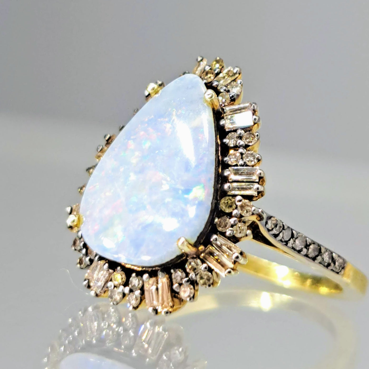 "Sparkle Fest" Sz 7 Ring - Opal, Diamonds, 18k Gold Sterling