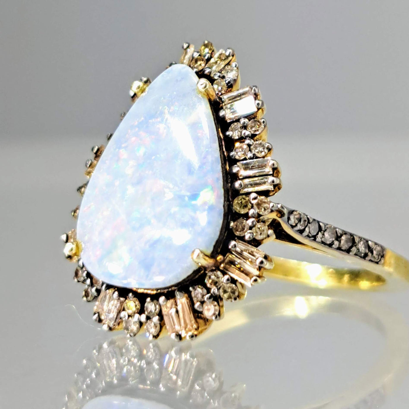 "Sparkle Fest" Sz 7 Ring - Opal, Diamonds, 18k Gold Sterling