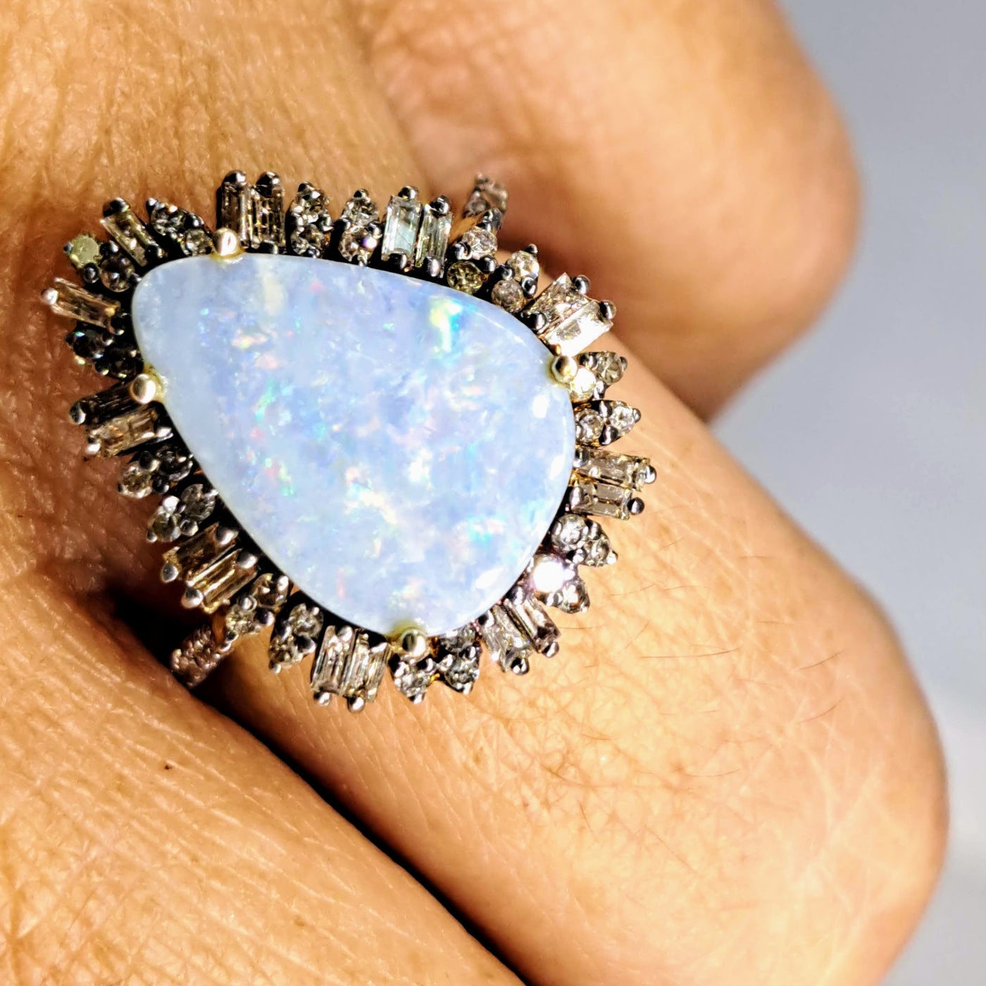 "Sparkle Fest" Sz 7 Ring - Opal, Diamonds, 18k Gold Sterling