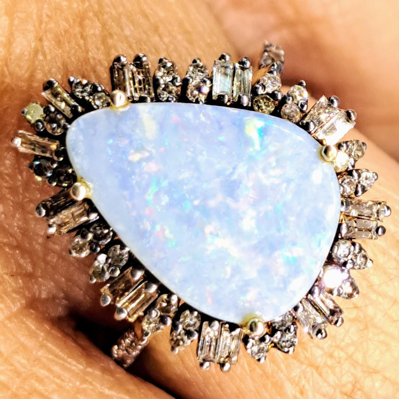 "Sparkle Fest" Sz 7 Ring - Opal, Diamonds, 18k Gold Sterling