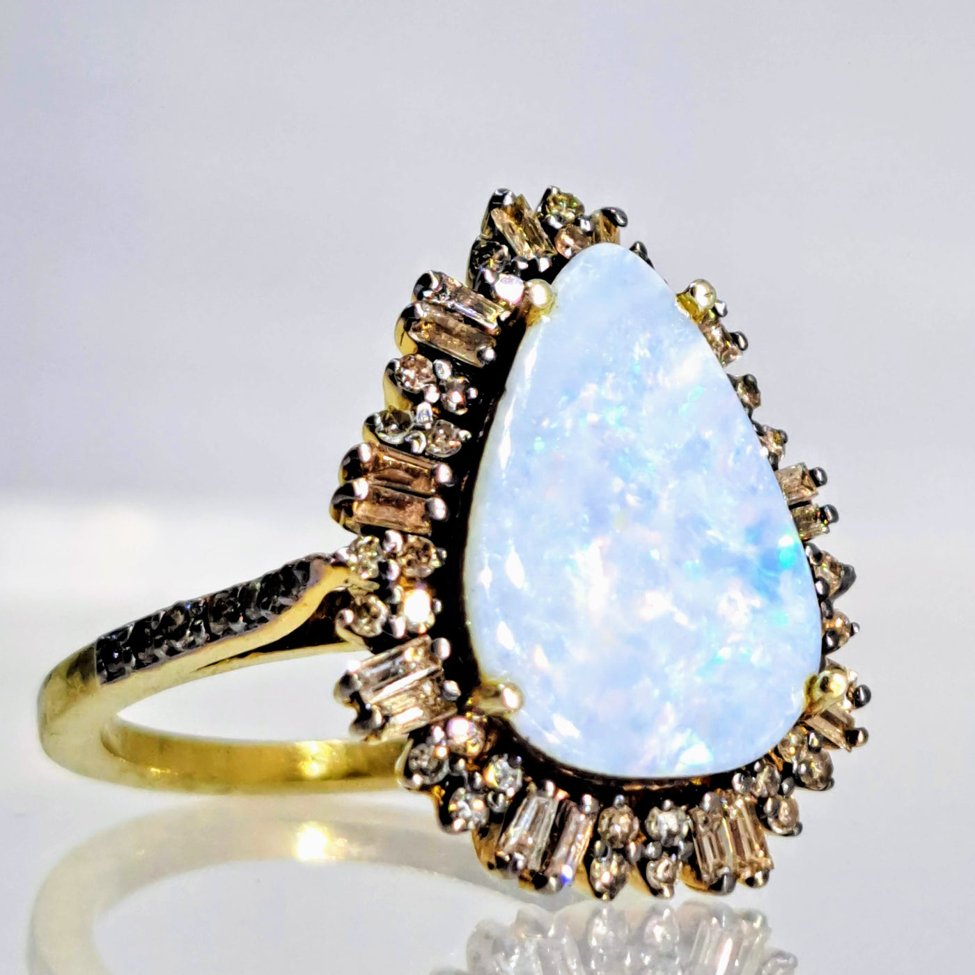 "Sparkle Fest" Sz 7 Ring - Opal, Diamonds, 18k Gold Sterling