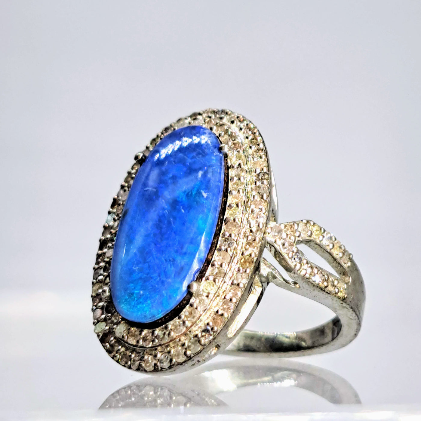 "Deepest Blue" Sz 7 Ring - Opal, Diamonds, 18k Gold Sterling