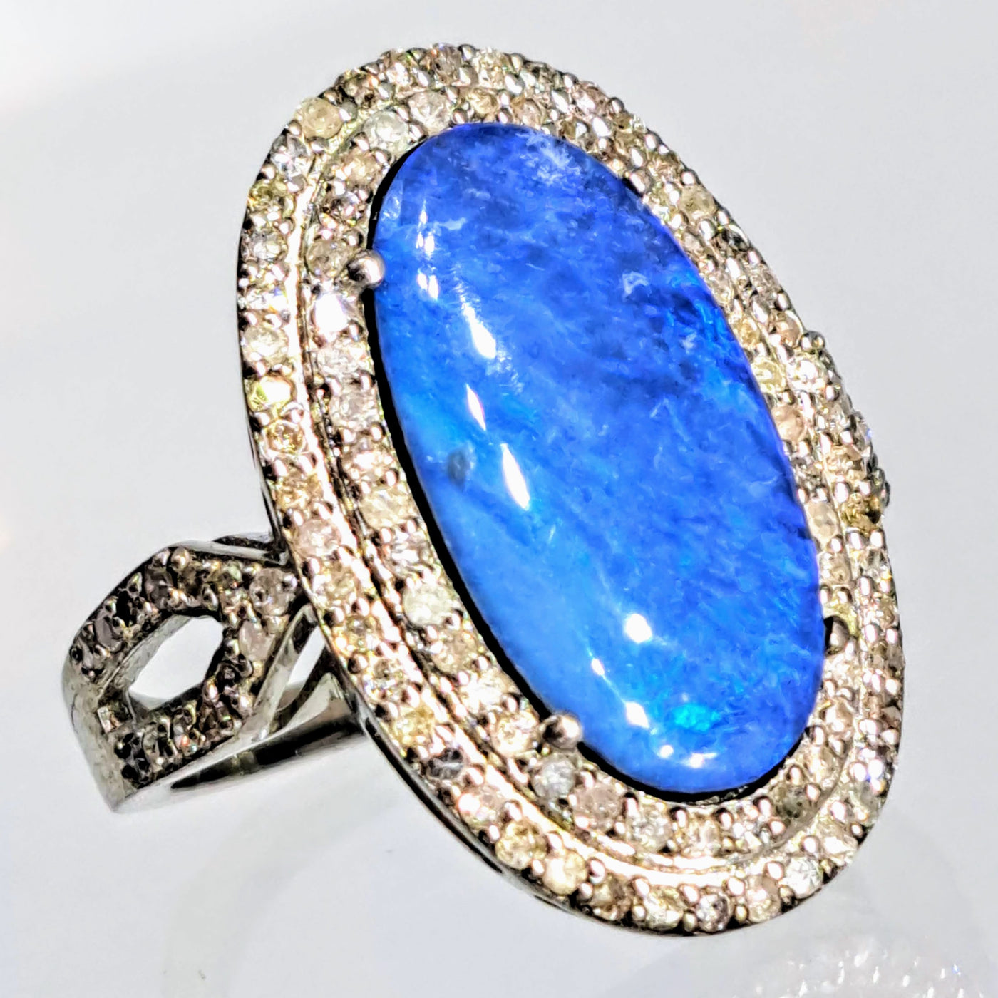 "Deepest Blue" Sz 7 Ring - Opal, Diamonds, 18k Gold Sterling