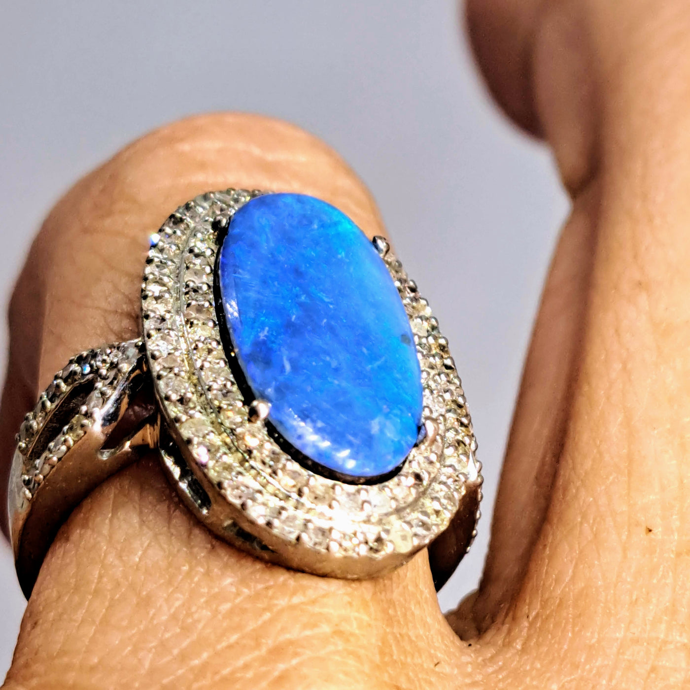 "Deepest Blue" Sz 7 Ring - Opal, Diamonds, 18k Gold Sterling