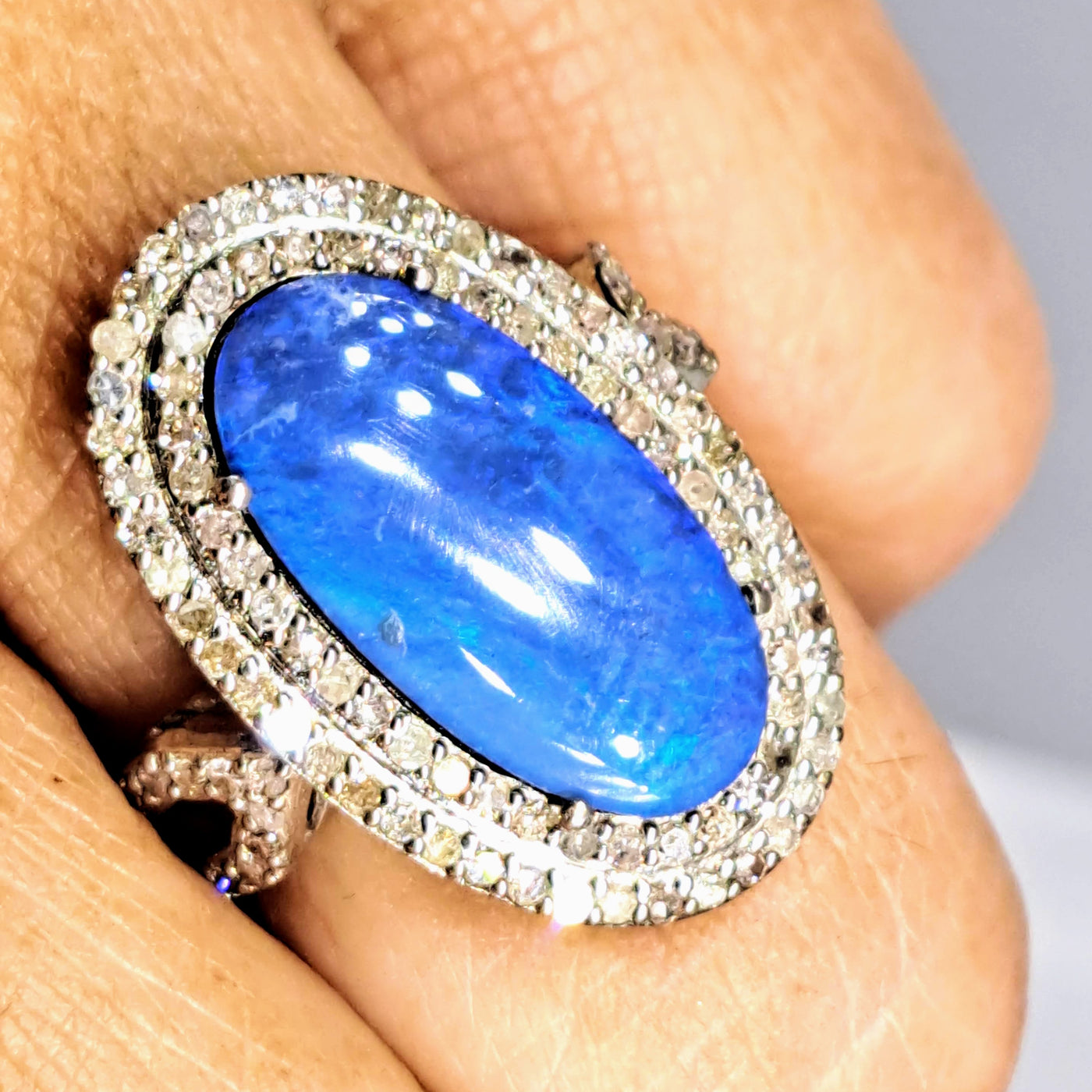 "Deepest Blue" Sz 7 Ring - Opal, Diamonds, 18k Gold Sterling