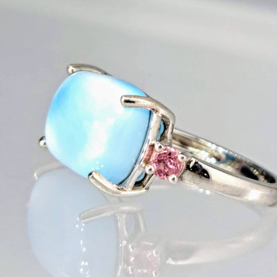 "Island Girl" Sz 7  Ring -  Larimar, Pink Tourmaline, Anti-tarnish Sterling