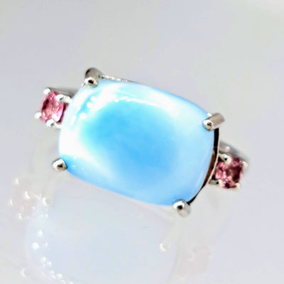 "Island Girl" Sz 7  Ring -  Larimar, Pink Tourmaline, Anti-tarnish Sterling