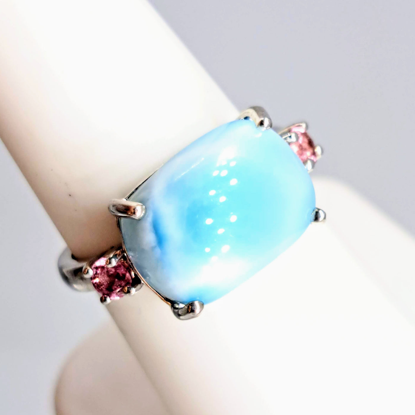 "Island Girl" Sz 7  Ring -  Larimar, Pink Tourmaline, Anti-tarnish Sterling