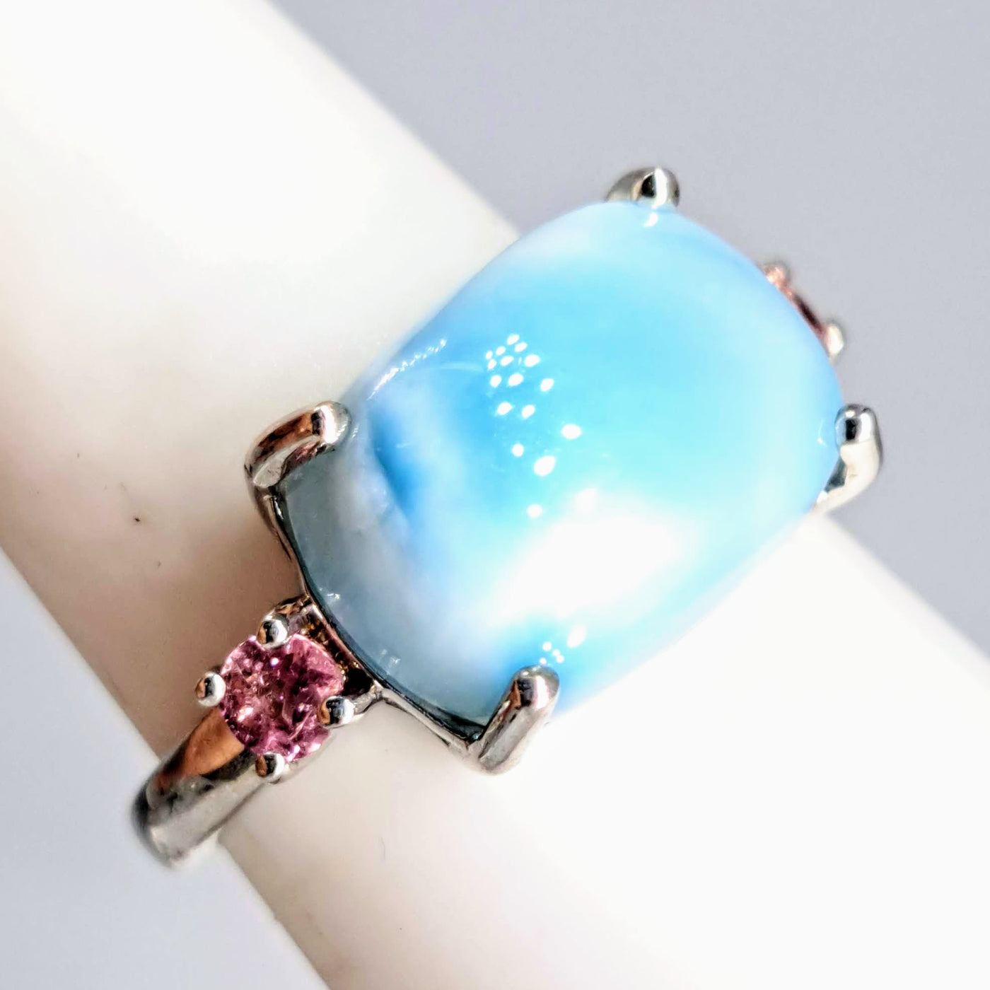 "Island Girl" Sz 7  Ring -  Larimar, Pink Tourmaline, Anti-tarnish Sterling