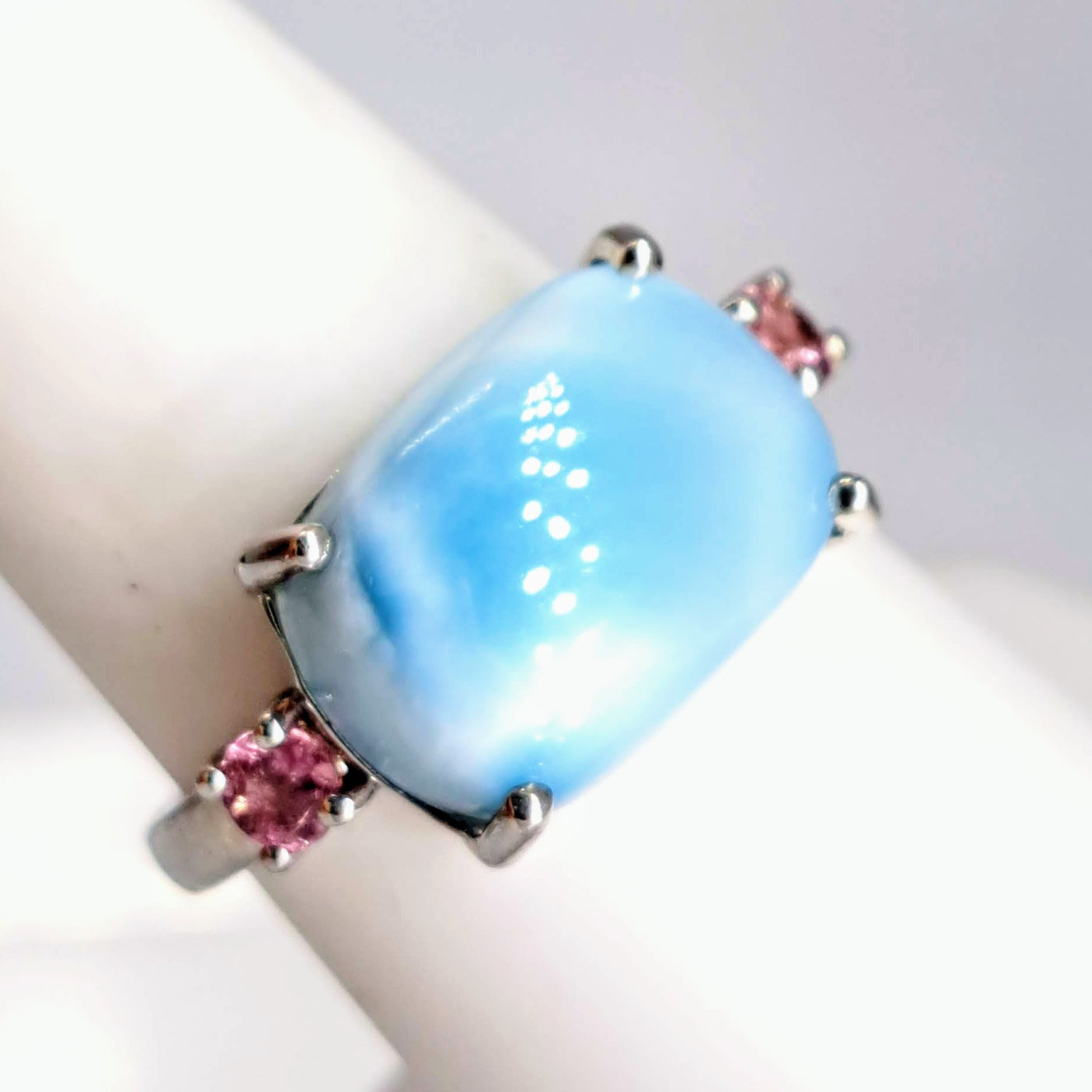 "Island Girl" Sz 7  Ring -  Larimar, Pink Tourmaline, Anti-tarnish Sterling