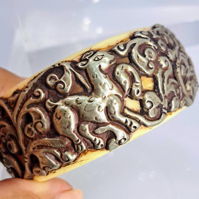 "Spirit Animal" Sz Med. Bracelet - Antique Tibetan Silver, Resin