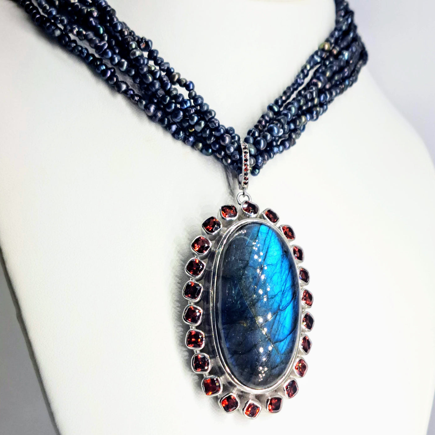 "Wild Peacock" Pendant Necklace - Labradorite, Garnet, Sterling, (Pearl Torsade Necklace Inc.)