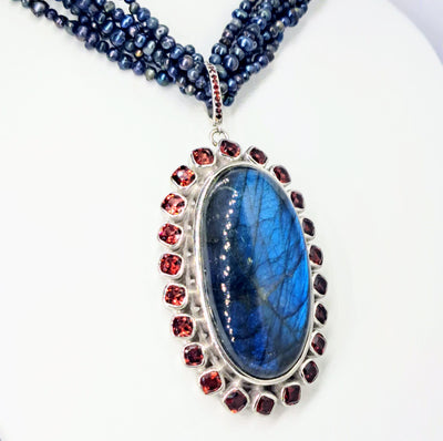 "Wild Peacock" Pendant Necklace - Labradorite, Garnet, Sterling, (Pearl Torsade Necklace Inc.)