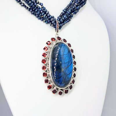 "Wild Peacock" Pendant Necklace - Labradorite, Garnet, Sterling, (Pearl Torsade Necklace Inc.)