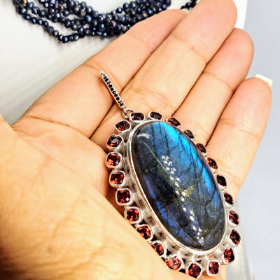 "Wild Peacock" Pendant Necklace - Labradorite, Garnet, Sterling, (Pearl Torsade Necklace Inc.)