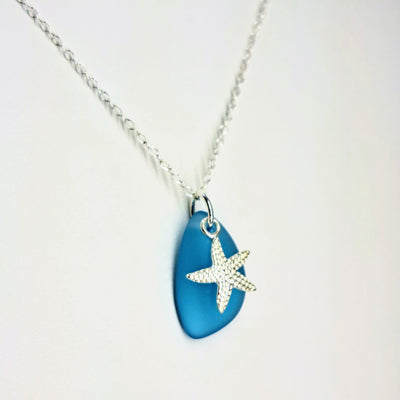 "Sea Glass & Star" Pendant Necklace - Glass, Sterling