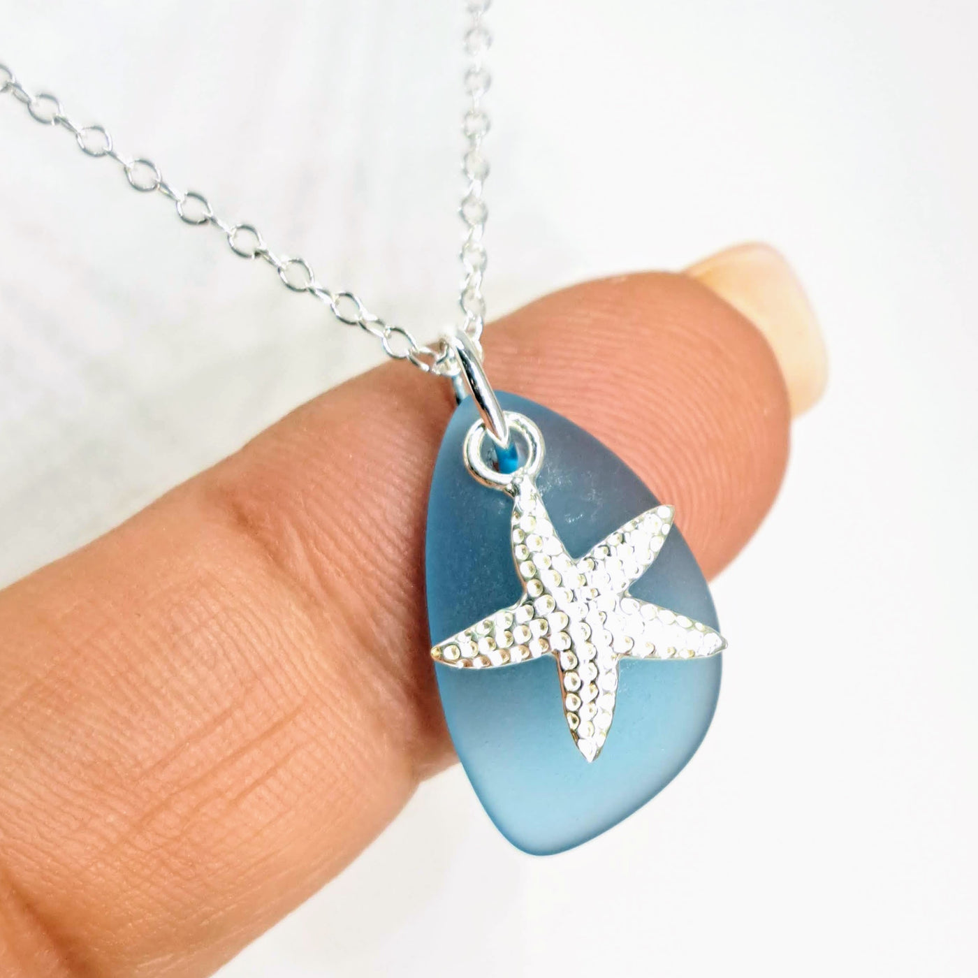 "Sea Glass & Star" Pendant Necklace - Glass, Sterling