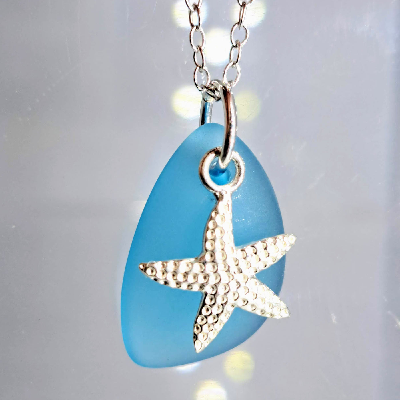 "Sea Glass & Star" Pendant Necklace - Glass, Sterling