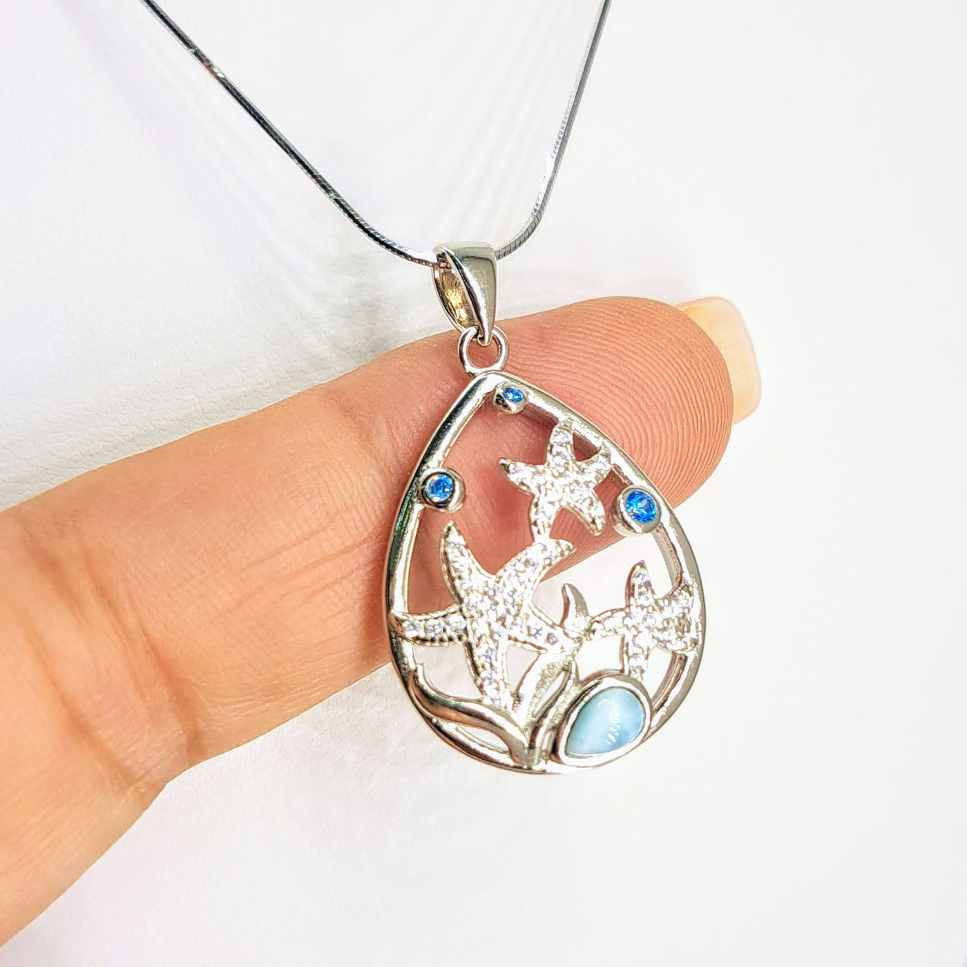 "Stars Of The Sea" Pendant Necklace - Larimar, Topaz, Crystal, Anti-tarnish Sterling