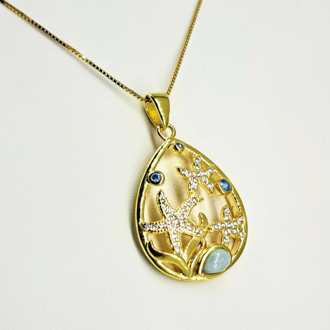 "Gold Stars Of The Sea" Pendant Necklace - Larimar, Topaz, Crystal, 18k Gold Sterling