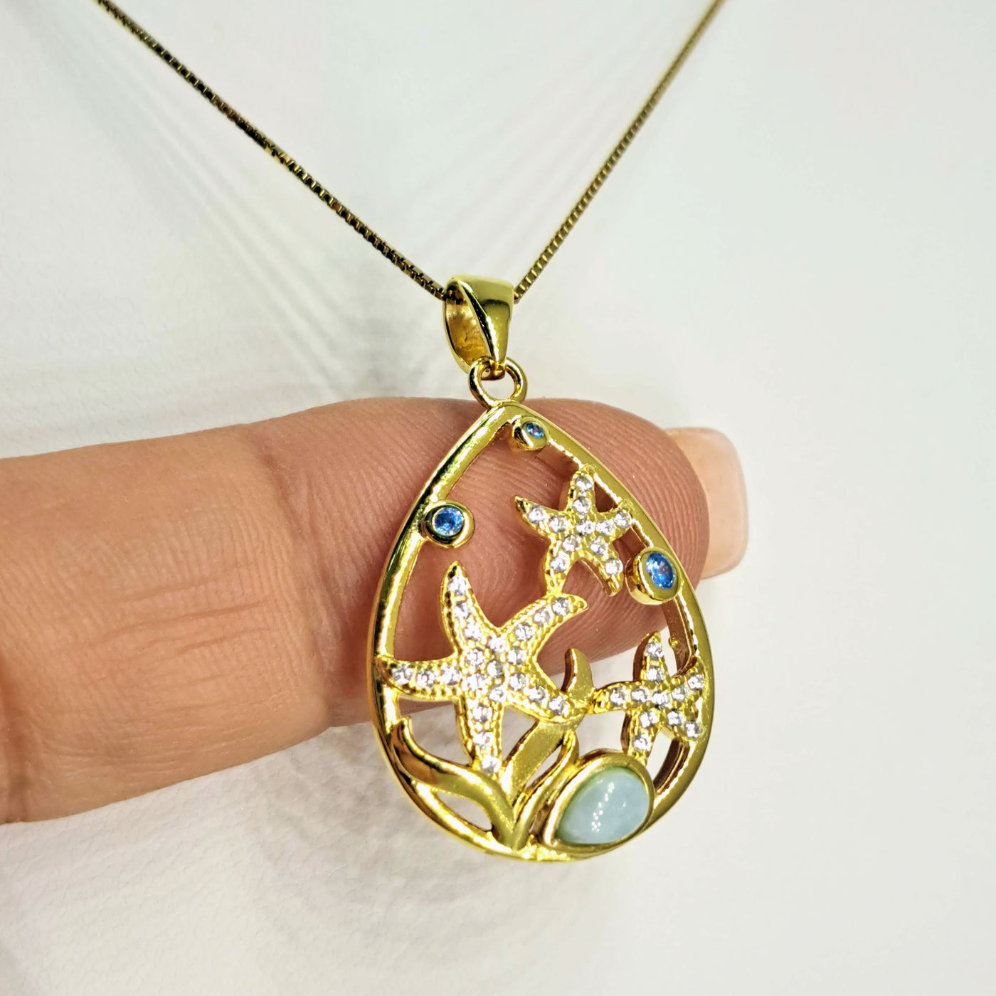 "Gold Stars Of The Sea" Pendant Necklace - Larimar, Topaz, Crystal, 18k Gold Sterling