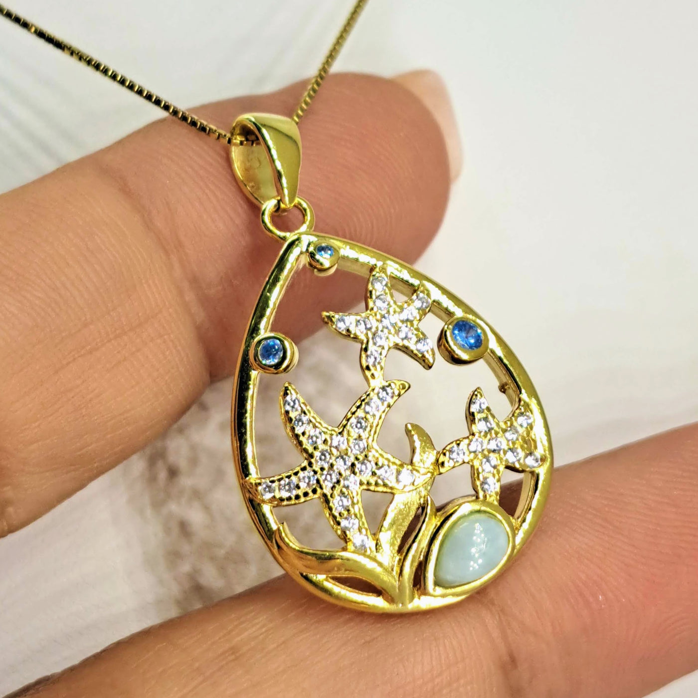 "Gold Stars Of The Sea" Pendant Necklace - Larimar, Topaz, Crystal, 18k Gold Sterling