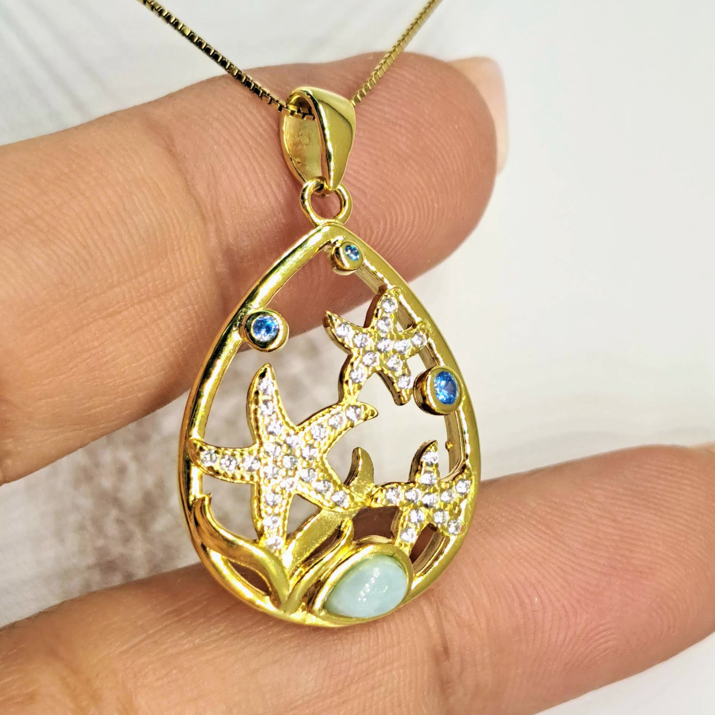 "Gold Stars Of The Sea" Pendant Necklace - Larimar, Topaz, Crystal, 18k Gold Sterling