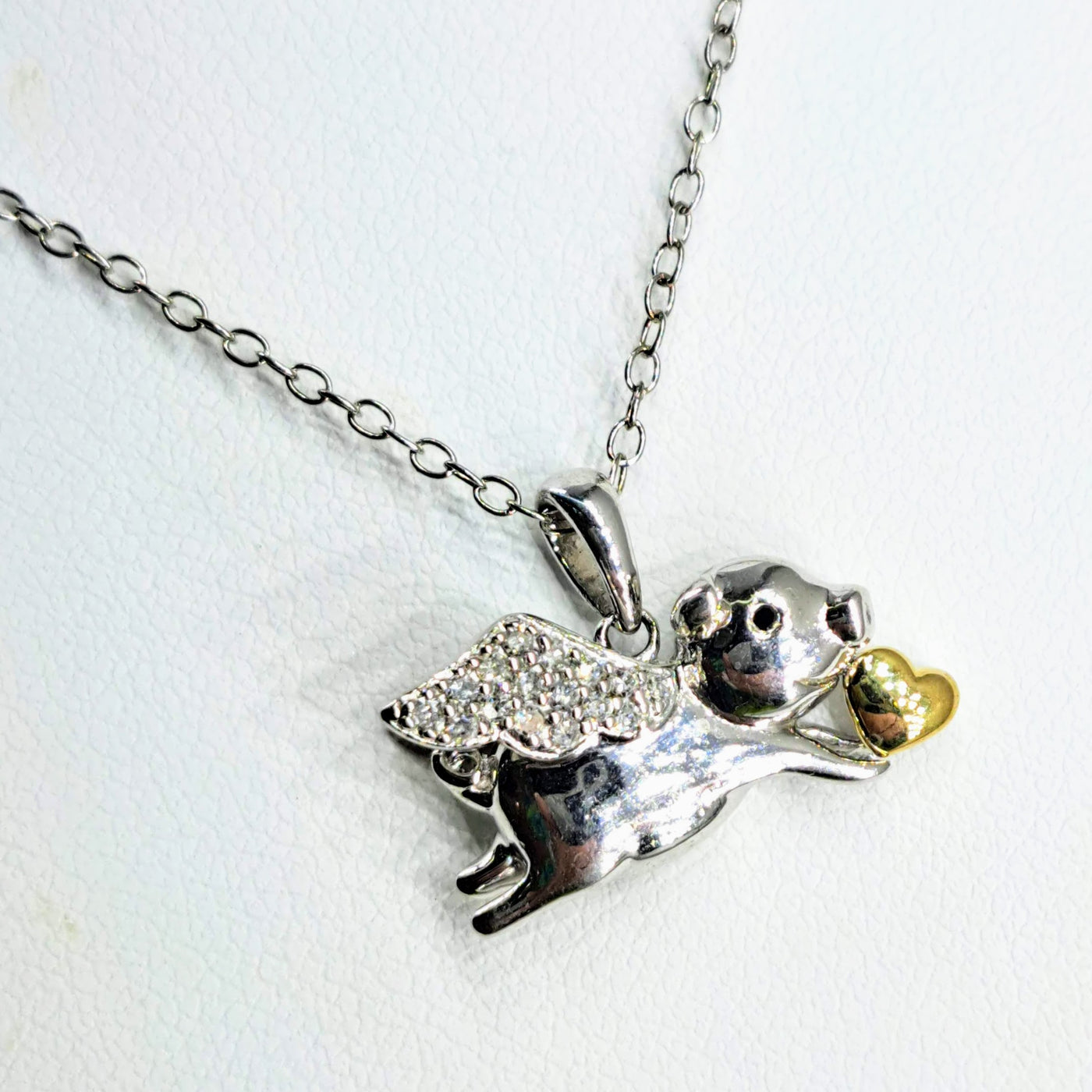 "Flying Piggie LOVE!" Pendant Necklace - Diamonds, Sapphire, Anti-tarnish Sterling, 18k Gold