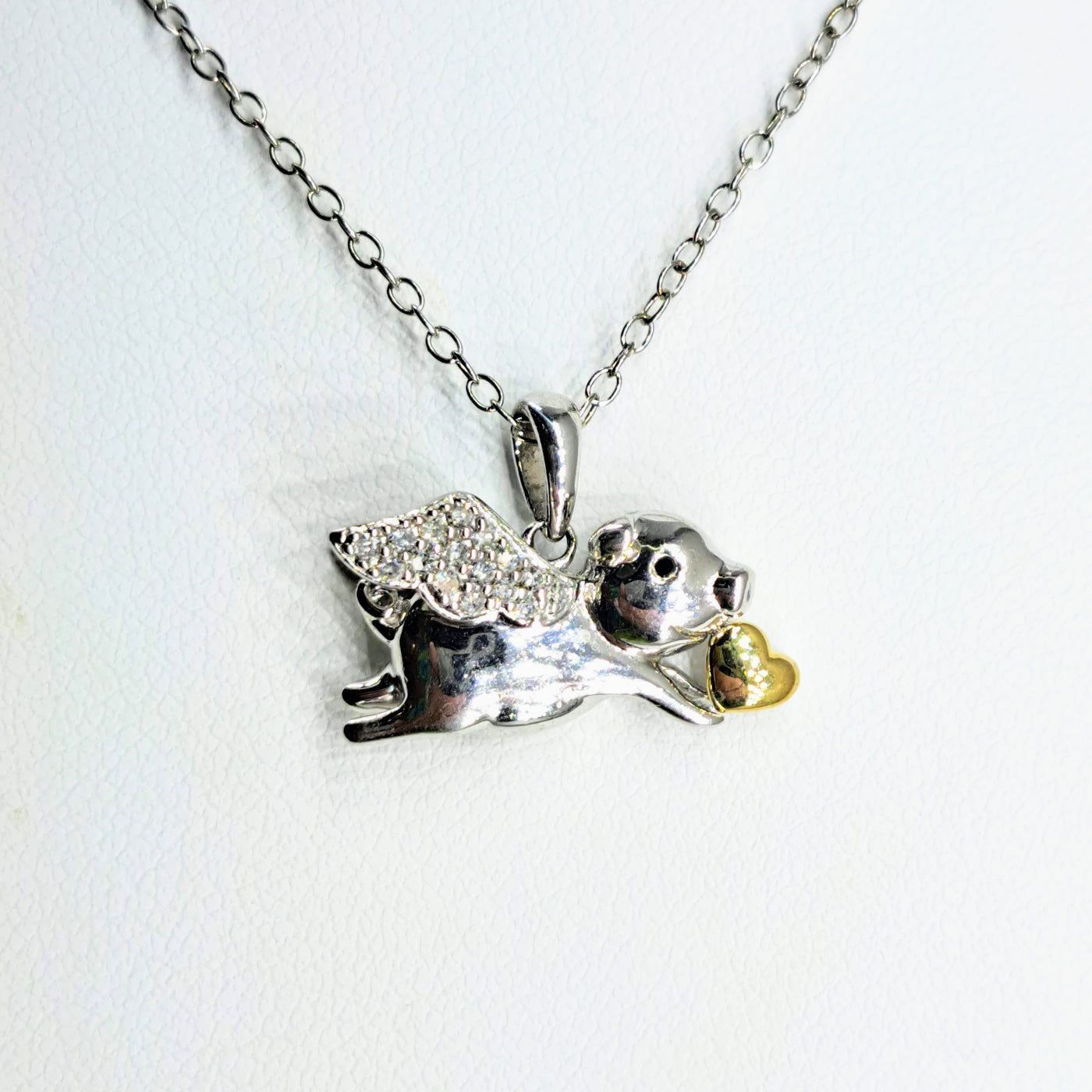 "Flying Piggie LOVE!" Pendant Necklace - Diamonds, Sapphire, Anti-tarnish Sterling, 18k Gold