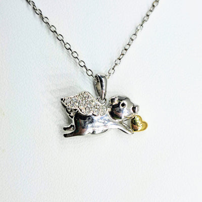 "Flying Piggie LOVE!" Pendant Necklace - Diamonds, Sapphire, Anti-tarnish Sterling, 18k Gold