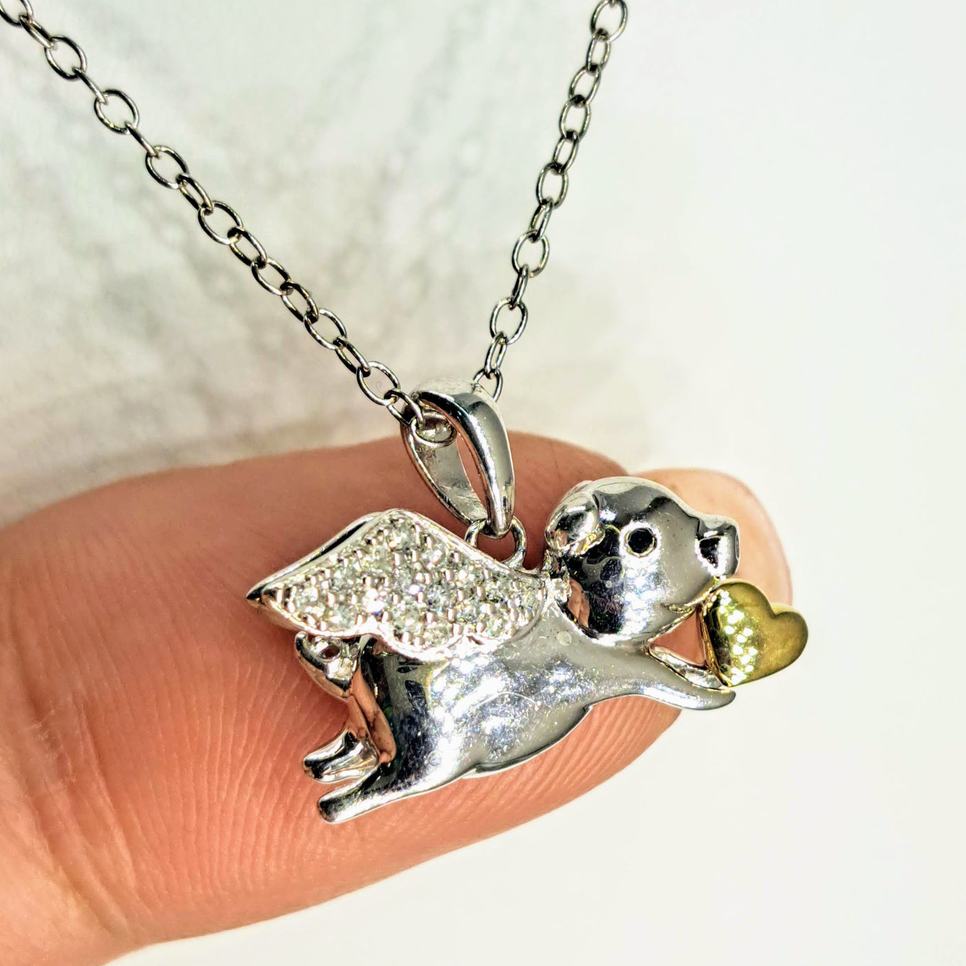 "Flying Piggie LOVE!" Pendant Necklace - Diamonds, Sapphire, Anti-tarnish Sterling, 18k Gold