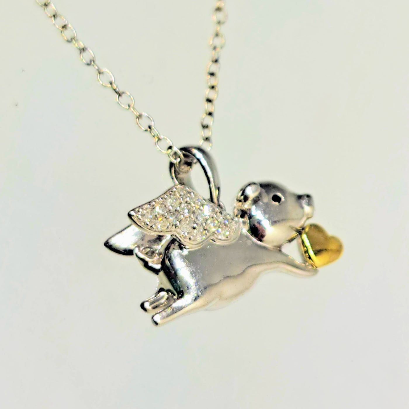 "Flying Piggie LOVE!" Pendant Necklace - Diamonds, Sapphire, Anti-tarnish Sterling, 18k Gold