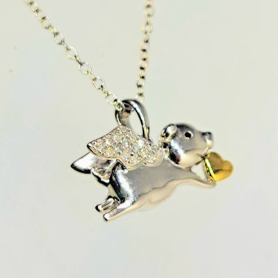 "Flying Piggie LOVE!" Pendant Necklace - Diamonds, Sapphire, Anti-tarnish Sterling, 18k Gold