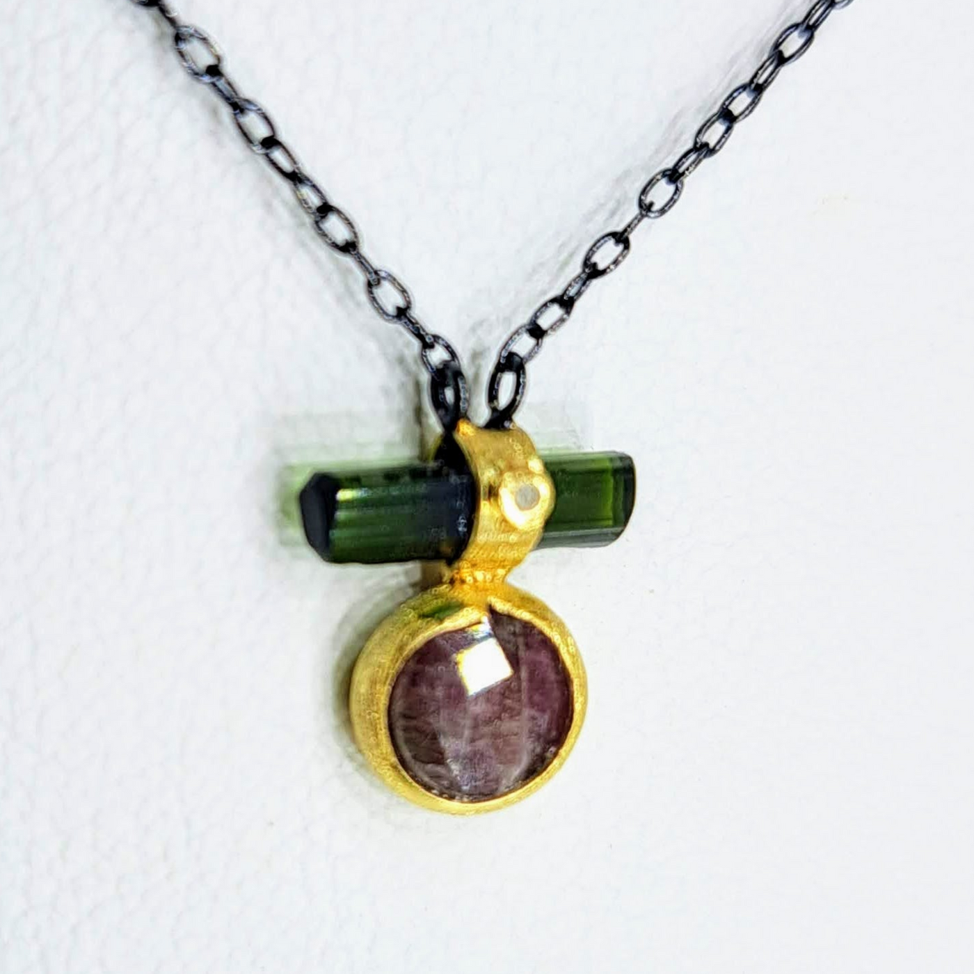 "Beautiful Balance" Pendant Necklace - Tourmaline, Ruby, Diamond, Black Sterling, 18k Gold