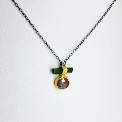 "Beautiful Balance" Pendant Necklace - Tourmaline, Ruby, Diamond, Black Sterling, 18k Gold