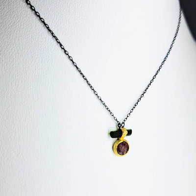 "Beautiful Balance" Pendant Necklace - Tourmaline, Ruby, Diamond, Black Sterling, 18k Gold