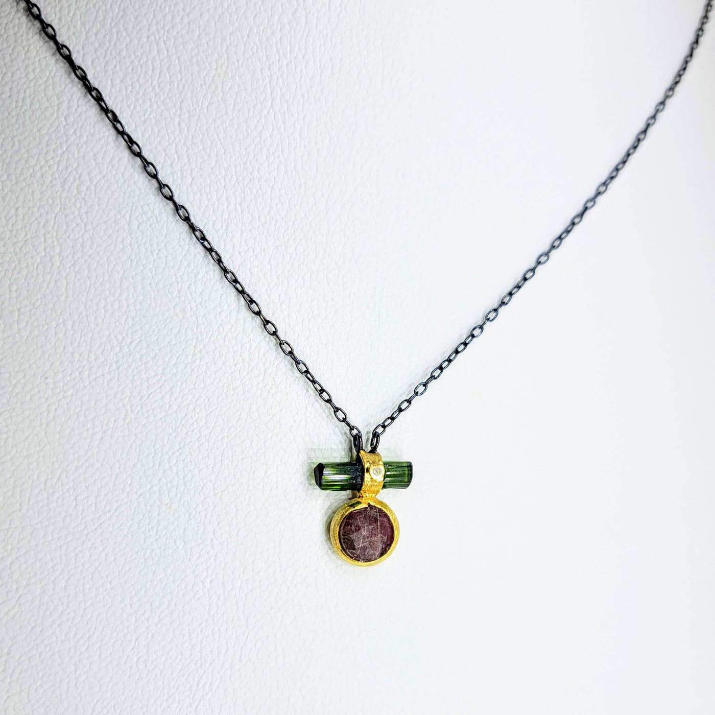 "Beautiful Balance" Pendant Necklace - Tourmaline, Ruby, Diamond, Black Sterling, 18k Gold