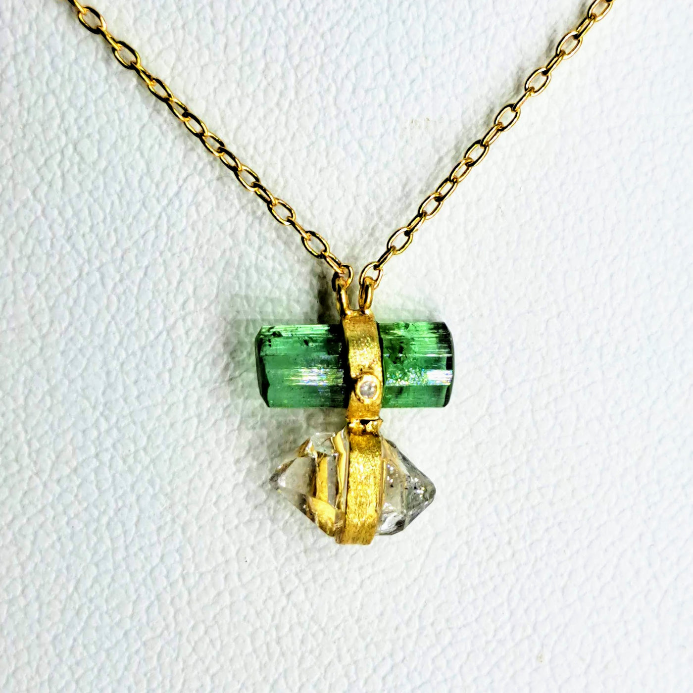 "Perfect Balance" Pendant Necklace - Tourmaline, Herkimer Diamond, Diamond, Black Sterling, 18k Gold