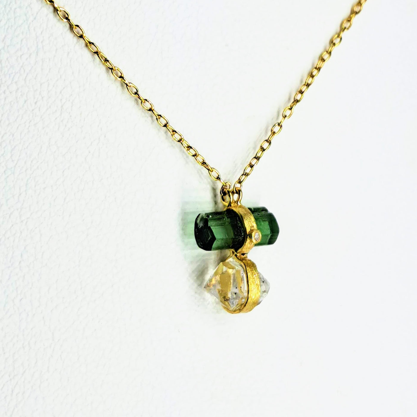 "Perfect Balance" Pendant Necklace - Tourmaline, Herkimer Diamond, Diamond, Black Sterling, 18k Gold