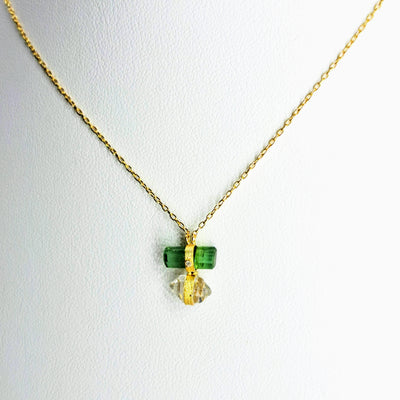 "Perfect Balance" Pendant Necklace - Tourmaline, Herkimer Diamond, Diamond, Black Sterling, 18k Gold