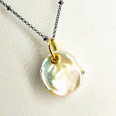 "Icing On The Cake" Pendant Necklace - Pearl, Diamond, 18k Gold & Black Sterling