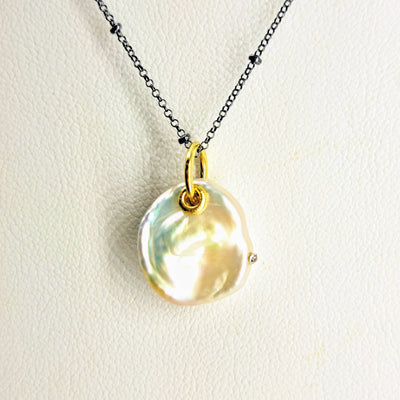 "Icing On The Cake" Pendant Necklace - Pearl, Diamond, 18k Gold & Black Sterling