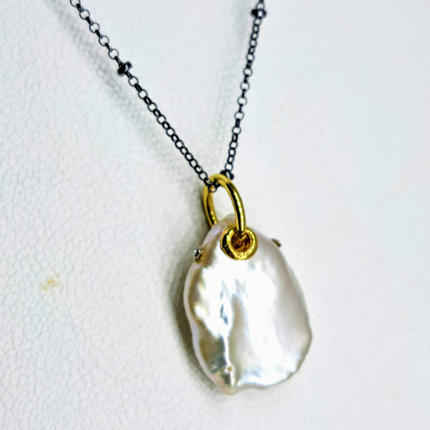 "Icing On The Cake" Pendant Necklace - Pearl, Diamond, 18k Gold & Black Sterling