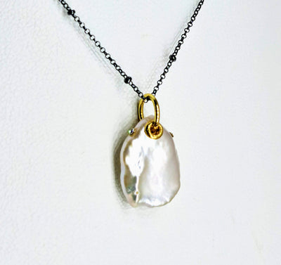 "Icing On The Cake" Pendant Necklace - Pearl, Diamond, 18k Gold & Black Sterling